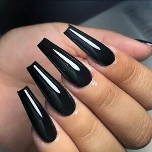 Black Gloss Press On Nails Set Long Coffin Shape with Glue 25 pc Fake Nail Kit